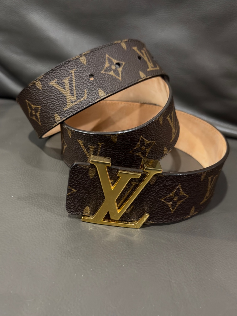 Louis Vuitton Brown Monogram LV Logo Belt with Gold Buckle